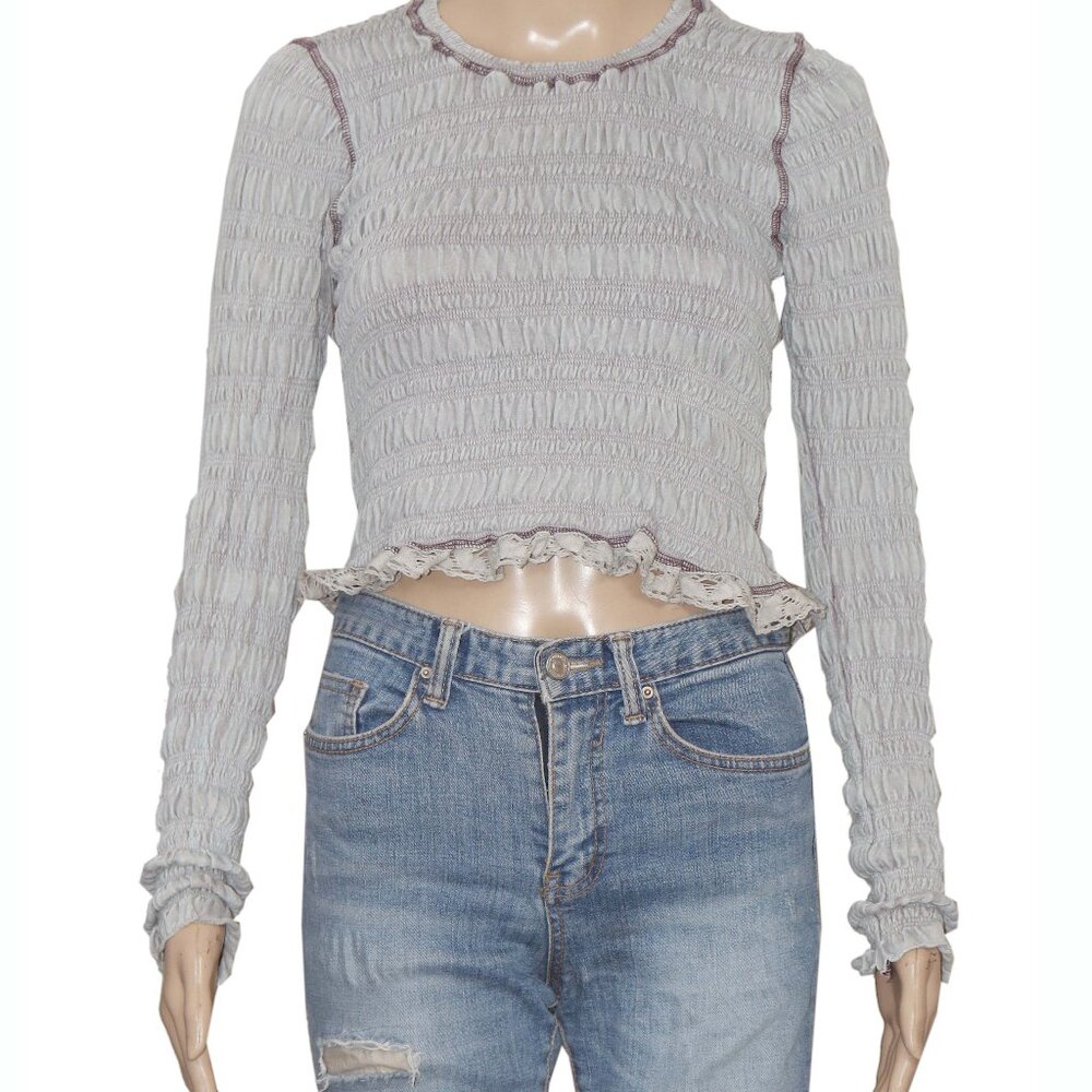 Free People Fp One Meriel Smocked Top Ruched Lace Fitted Sleeve XS - Picture 3 of 6